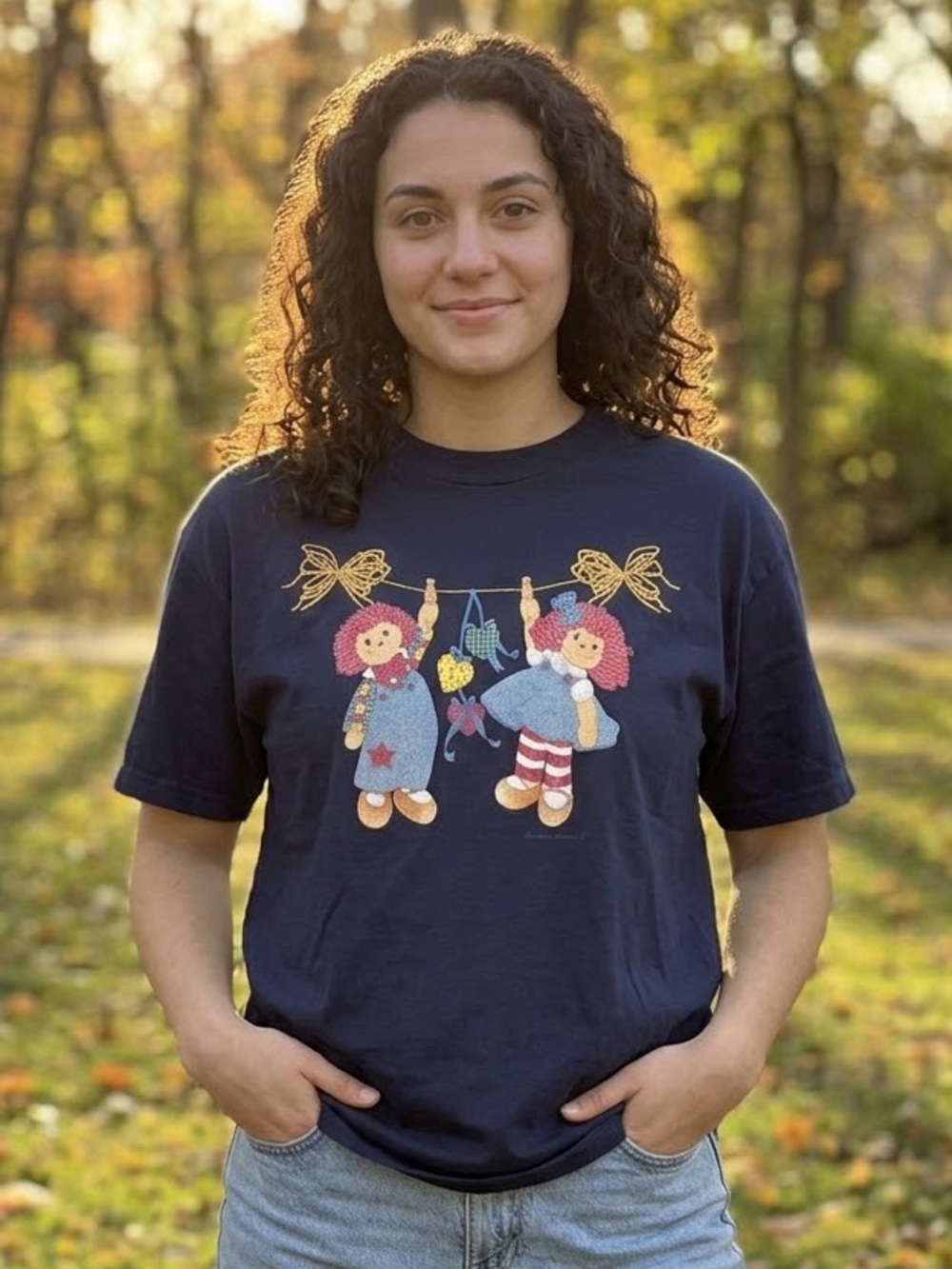 90’s Vintage Endless Designs Raggedy Ann Andy T Shirt Navy Blue Graphic Tee, L
